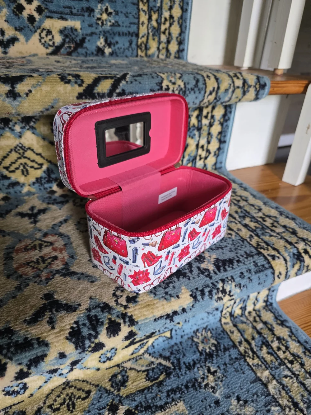 Cosmetic Train Case Makeup Bag in White & Red Print